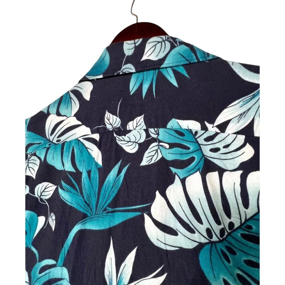 Vintage Hilo Hattie Hawaiian Black Teal Blue Floral Button-Up Shirt Mens Large - Picture 4 of 11